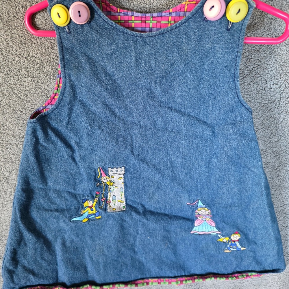 Vintage Reversible Denim Pinafore Dress Kids Fairy Tale Embroidery Plaid Pink